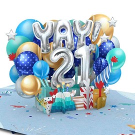 Liif Happy 21ST Birthday Card, 21 Years Old Birthday Card, 3D Greeting Pop Up Birthday Card, For Boy, Grandson, Blue Balloons | With Message Note & Envelop | Size 7 x 5 Inch