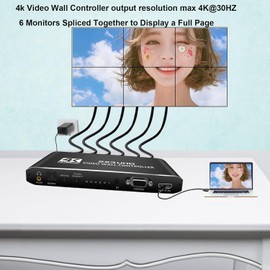Video Wall Controller 2X3 4K, HDMI & DVI 4k Signal Input Makes 6 TV Screens Into 1 Wall Display Support IR Remote/RS232 and 180° Rotation, Support Video Wall Controller 2x2 4k 1x1, 1x2, 1x3, 1x4, 1x5