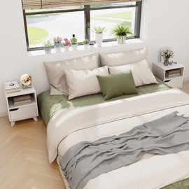 Giantex 2 Tier Nightstand Set of 2, Mid Century Modern Bedside Table with Storage Drawer & Open Shelf, Wood Night Stand for Small Spaces, Minimalist Side End Table for Bedroom, Distressed White