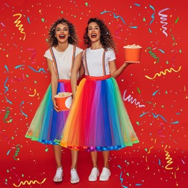 Rainbow Tulle Skirt with Straps Set, Carnival Rainbow Costume Women, Tulle Skirt Women, Tutu Women, Rainbow Costume, Rainbow Skirt Tulle with Feather Headband for Carnival Parties and Theme Parties,