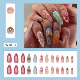 CEWEWP Medium Press on Nails Almond False Nails 3D Shell Fake Nails Starfish and Flower Wavy Pattern Design Artificial Nails Full Cover French Stick on Nails Acrylic Glue on Nails for Women 24Pcs