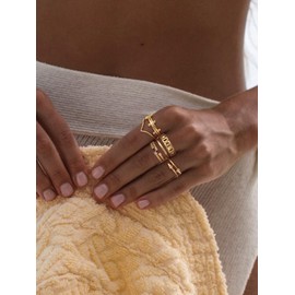 GNIRTSI Gold Ribbed Ring for Women Diamond Cubic Zirconia 14K Gold Plated Minimalist Stack Split Shank Thin Band Open Finger Jewelry Size 6