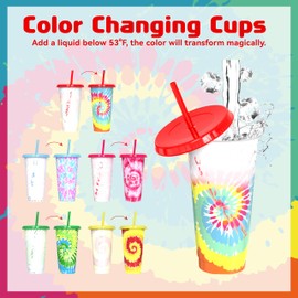 OZMOJOO Color Changing Cups, Plastic Cups with Lids and Straws, Reusable Plastic Tumblers - BPA-Free, Sturdy & Food Safe, Perfect for Iced Coffee, Milkshakes & Smoothies, 5 Pack - Tie Dye Style