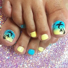 LWTZLW Summer Press on Toenails Short Square Coconut Tree False Toe Nails Yellow Blue Gradient Glue ons Toe Nail Palm Trees Glossy Acrylic Pressed on Fake Toenails Decorations Reusable for Women