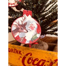 Primitives by Kathy Vintage inspired  2 sided Santa w/ Deer Christmas Ornament Primitives by Kathy