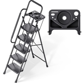 KINGRACK 5 Step Ladder, Folding Step Stool with Safe-Lock Design, 500 lbs Sturdy Steel Ladder with Tool Platform, Wide Anti-Slip Pedal, Convenient Handrail for Household and Kitchen, Black