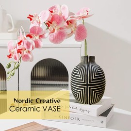 Small Black and White Vase Home Décor, Modern Ceramic Geometric Vase Solid Pattern Decoration for Home Kitchen Bathroom