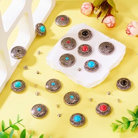 Beadthoven 48pcs/16 Sets Turquoise Alloy Rivets Vintage Western Style Decorative Buckles Metal Screwback Buttons Gunmetal Flat Round Leather Rivets Studs for DIY Leather Crafts Belt Purse Shoes Decor