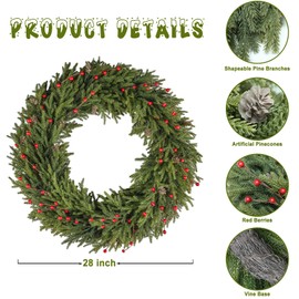 28 Inch Large Christmas Wreath with Pine Cones Red Berries, Bendable Winter Wreaths for Front Door, Christmas Wreath for Door, Cedar Wreath, Christmas Greenery Christmas Decorations Outside