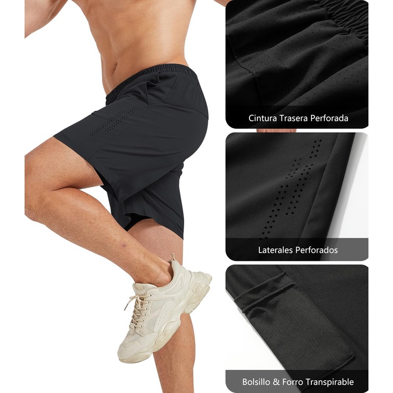 LECOONMX Shorts Deportivos Hombre 2 en 1 para Correr con