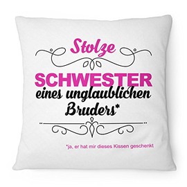 Fashionalarm "Stolze Schwester - unglaublicher Bruder" Cushion with Filling, 40 x 40 cm with Filling, Birthday Gift Idea for Siblings, Children, Child Saying, Colour: White