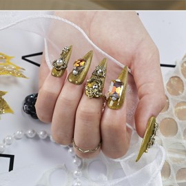 JODSONE Press on Nails Gold Rhinestone Almond Shape Handmade 3D Fake Nail Tips Reuseable Fashionable Design Long Lasting Fit Easy to Create Exquisite Fingertips- Medium