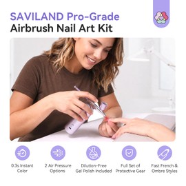SAVILAND 7-in-1 Pro Dilution-Free Airbrush Set: Hema-Free Airbrush Gel Nail Polish & Airbrush for Nails Airbrush Cleaner Airbrush Stencils Protector for Fingers Masks Instant Nail Technician Salon