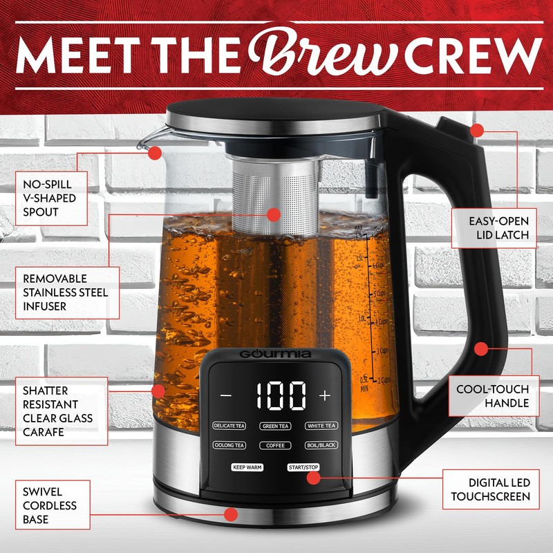 Gourmia Electric Programmable Glass Kettle – 1.7L Temperature Control Tea