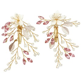 PRETTYLIFE Bridal Crystal Hair Clips 2pcs Ivory Flower Pink Rhinestone Gold Leaf Vine Hair Pieces Accessories for Women Girls