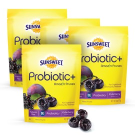 Sunsweet Pitted Prunes with Probiotics - Unsweetened, Dried, Gluten Free & Unsulphured - Natural Elderberry Flavor - Fiber & Minerals, 6oz - 4 Pack