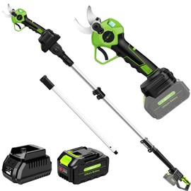 2-IN-1 Electric Pole Pruning Shears Cordless, 1.6" Cutting Diameter Cordless Pruner with 15 FT High Reach Extension Pole, 21V 4.0Ah Battery Powered Pole Pruner for Tree Trimming, LCD Display