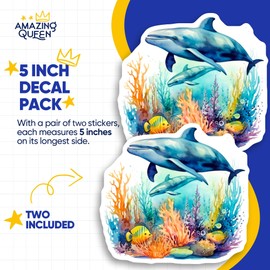 Dolphin Stickers - Ocean Life Art - Sea Creature Decal - 2 Pack - 5" Wide Design - Adheres to Laptops, Tumblers, and More – Made in The USA - AQS1573
