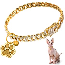 Hillban Cat Collar Diamond Chain Glitter Collar Walking Metal with Secure Buckle Cat Pet Necklace with Paw Charm and ID Tag Bell Link Cuban Jewelry Accessories Gift(12 Inch,Gold)