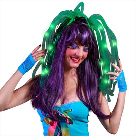 FlashingBlinkyLights Light Up Green Hair Noodles Headband (Set of 12)