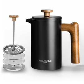 POLIVIAR French Press Coffee Maker, 21 oz Coffee Press with Real Wood Handle, Double Wall Insulation & Dual-Filter Screen, Food Grade Stainless Steel for Good Coffe and Tea, JX2024-SFPB