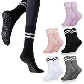 AYNKH 5 Pairs Yoga Socks, Anti Slip Pilates Socks Grippy Socks Breathable Cotton Socks Mid-Calf Grip Socks with Stripe for Women Girls Yoga Fitness Dance Ballet Workout Running Home Floor