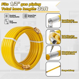 Jasdego 33ft 1/2'' Gas Line CSST Flexible Stainless Steel Tubing Pipe Anti-Cracking Used for Natural Gas Propane Equipment with 2 Male Fittings (33ft 1/2'')