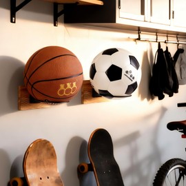 LAZYSEAL Wall Mount Ball Holder 2-Pack,Rustic Wood Sports Ball Storage Rack for Basketball, Soccer, Volleyball, Football - Heavy Duty Metal Display Hanger for Bedroom, Garage & Home Decor