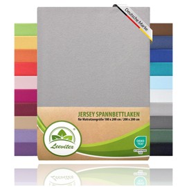 leevitex® Fitted Sheet, 180 x 200 cm to 200 x 200 cm, 100% Jersey Cotton, Mattress Height up to 25 cm, Oeko-Tex, Grey