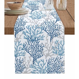 Navy Blue Coral Coastal Cotton Linen Rectangle Table Runners 13"x48", Summer Beach Seaside Nautical Coffee Table Runner Dresser Scarves Luxury Table Runners for Wedding Party Banquet Dinner Decor