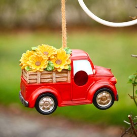 Polystone Resin Bird House Outdoor Garden Bird House, Red Truck with Flowers