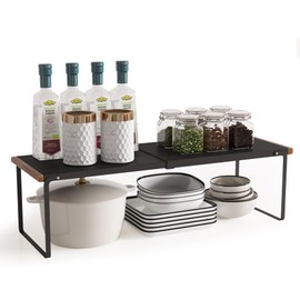 WILDMOS Expandable Kitchen Countertop Organizer Shelf,Cabinet Organizer Shelf,Metal Shelf Riser for Kitchen Storage Spice Rack,Cabinet Shelf for Pantry, Kitchen, Bathroom. (Black)