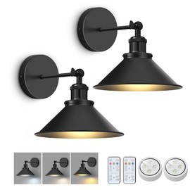 Battery Operated Wall Sconce Set of 2,Vintage Sconces Wall Decor Set of 2 with Remote,Dimmable Wall Lights for Living Room,Wall Lamp Fixture Indoor Bedroom Farmhouse Gallery Kitchen,Black