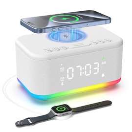 Broserengy Alarm Clock Speaker Wireless Charger, Digital Alarm Clocks Bedrooms Bluetooth, Alarm Clock Dimmable Light Bedrooms Bluetooth Speaker Dual Alarm Snooze 12/24H Dimmer Support USB AUX, White