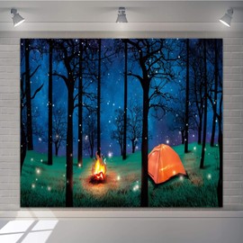 Forest Camping Backdrop 10x6.5ft Forest Night Scene Camping Photography Backdrop Campfire Camping Themed Party Photo Backdrops Kids Birthday Party Baby Shower Background Decoration Banner Photo Props