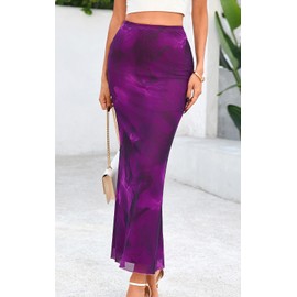 PRETTYGARDEN Women's Floral Print Mesh Long Skirt High Waisted Bodycon Fishtail Flowy Summer Maxi Skirts for Women Trendy (Floral Purple, Medium)