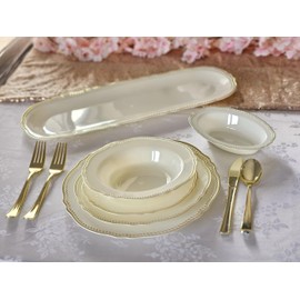 " OCCASIONS " 40 Plates Pack, Premium Disposable Wedding Party Plastic Trays 17.5'' x 6.5'' (Trays Rochelle Ivory & Gold)