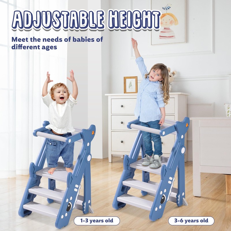 Foldable Toddler Tower, Toddler Kitchen Step Stool Helper, Height-Adjustable Foldable