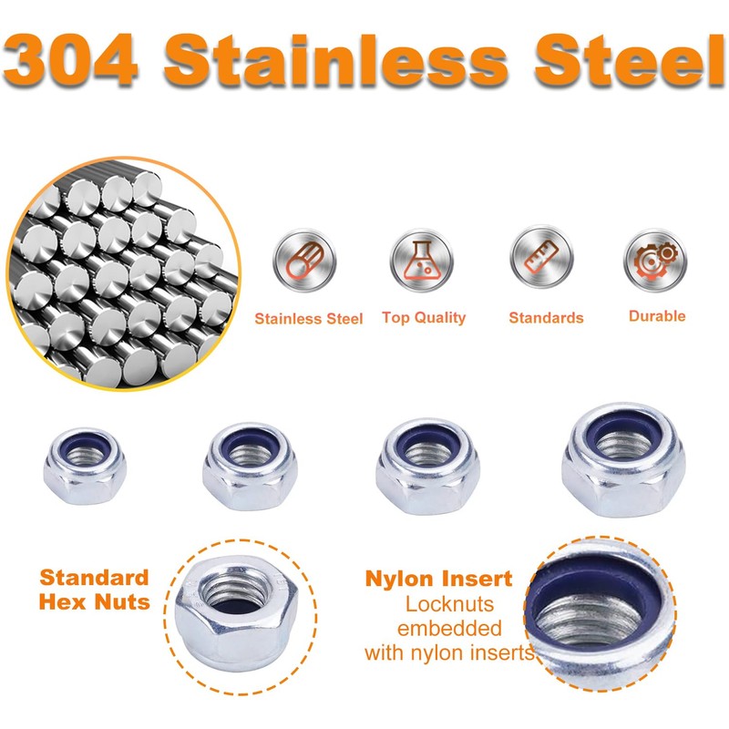 300pcs Locknuts Assortment Kit M3 M4 M5 M6 M8 Hex