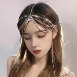 Xerling Boho Layered Tassel Head Chains for Women Silver Crystal Bridal Headpiece for Wedding Bling Rhinestone Hair Accessories Head Jewelry for Girls