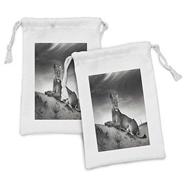 Ambesonne Black and White Fabric Pouch Set of 2, Wild Lioness on Desert Sand Dunes Animal Savannah Image Print, Small Drawstring Bag for Toiletries Masks and Favors, 9" x 6", Black White Grey