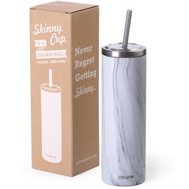(White Marble) - Cupture Stainless Steel Skinny Insulated Tumbler Cup with Lid and Reusable Straw - 470ml (White Marble)