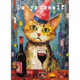 PIXILUV DE-MOTIVATION Greeting card ~ Cute Cat Celebrating Birthday With a Bottle of Wine ~ Funny Cartoon Greeting Card for Birthday and Any Occasion