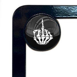 Tricktoppers 4 Black Knurled Motorcycle License Plate Frame Fastener Hardware Tag Bolts Screws Kit Custom Logo (USA Brand) - Skeleton Skull Middle Finger Hand White On Black