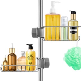 CoFvHo Shower Caddy Shelf No Drill 2 Pcs, Stainless Steel Shower Shelves for Shower Riser Rail 18-27mm, Rustproof Shower Rack Hanging Bathroom Organiser for Shampoo Soap, Kitchen Toilet, Silver
