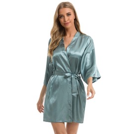 Vlazom Women's Kimono Robes Dressing Gown Satin Bathrobe Nightdress Short Style Bridal Robe with Oblique V-Neck Dark Green,M