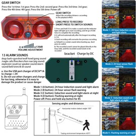 QXMH Solar Outdoor Motion Sensor Alarm - Motion Detector Alarm, Dog Barking Sound Alarm,Dog Barking&Gunshot, 2 * 129dB Loud Noise Maker,Support Recording with USB for Home Security (4 Pack)