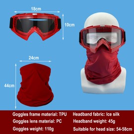 LJDJ Motorcycle Goggles Dirt Bike ATV Off-Road Riding Motocross Glasses with Sun UV Protection Neck Gaiter Face Cover (Red/Clear Lens)