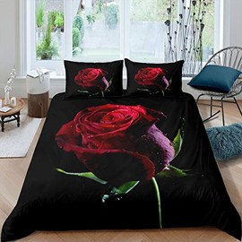 Loussiesd 3D Red Rose Duvet Cover Women Rose Floral Print Bedding Set Romantic Flowers Pattern Comforter Cover for Girls Adults Bedroom Decor Botanical Branches Bedspread Single With 1 Pillow Case