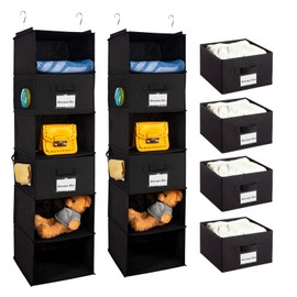 BrilliantJo 2 Pack 6 Shelves Hanging Closet Organizer with 2 Drawer, Hanging Storage with 4 Side Pockets for Clothes Shoes, 43.5"x12"x12"(Black)